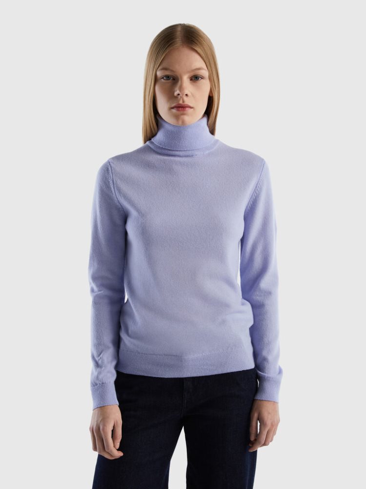 Lavender Women\'s Benetton Pure Merino Wool Turtleneck High Neck Sweaters | AU056445