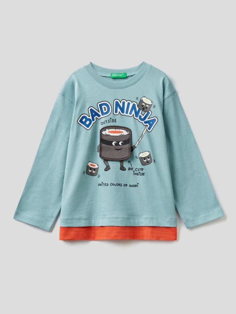 Light Blue Kids\' Benetton Applique Long Sleeve T-shirts | AU747964