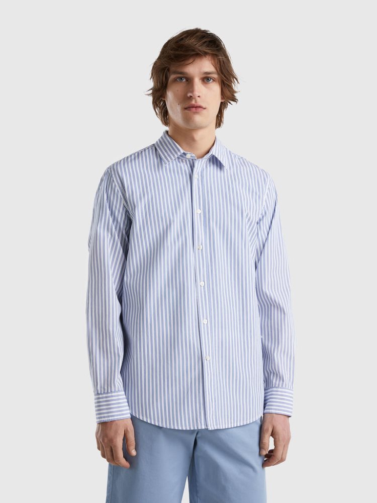 Light Blue Men\'s Benetton 100% Organic Cotton Patterned Shirts | AU900949