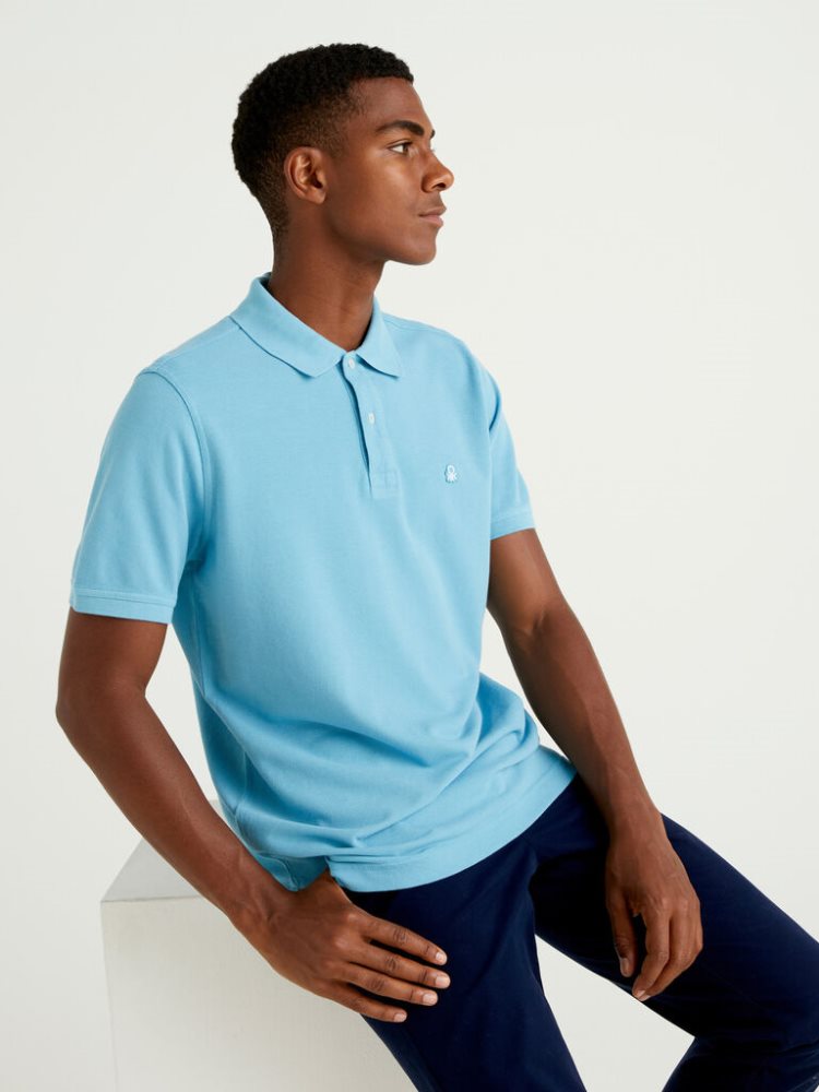 Light Blue Men's Benetton Regular Fit Short Sleeve Polos | AU475455