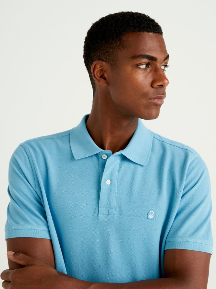 Light Blue Men's Benetton Regular Fit Short Sleeve Polos | AU475455