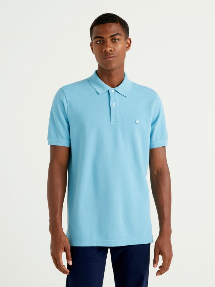 Light Blue Men\'s Benetton Regular Fit Short Sleeve Polos | AU475455