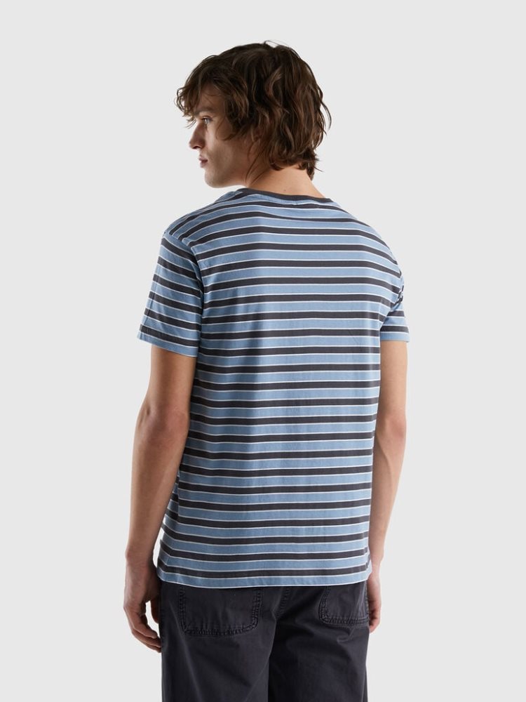 Light Blue Men's Benetton Striped 100% Cotton Short Sleeve T-shirts | AU436111