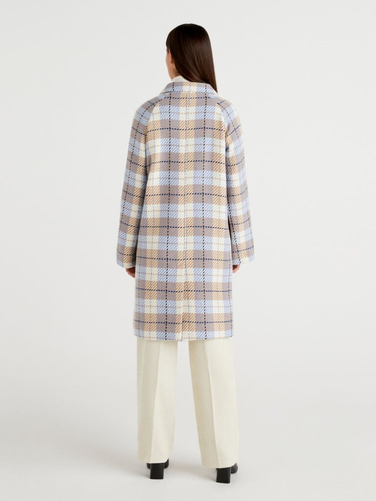 Light Blue Women's Benetton Check Wool Cloth Coats | AU310487