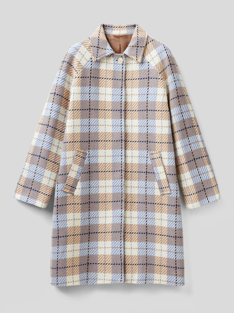 Light Blue Women's Benetton Check Wool Cloth Coats | AU310487