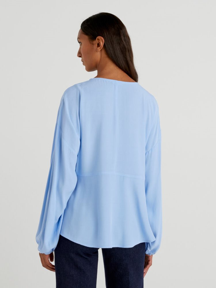 Light Blue Women's Benetton Flowy Frill Blouse | AU224929