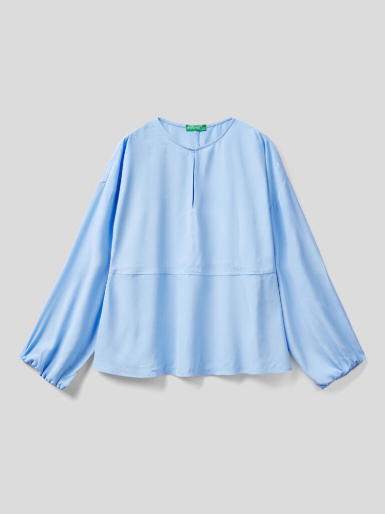 Light Blue Women's Benetton Flowy Frill Blouse | AU224929