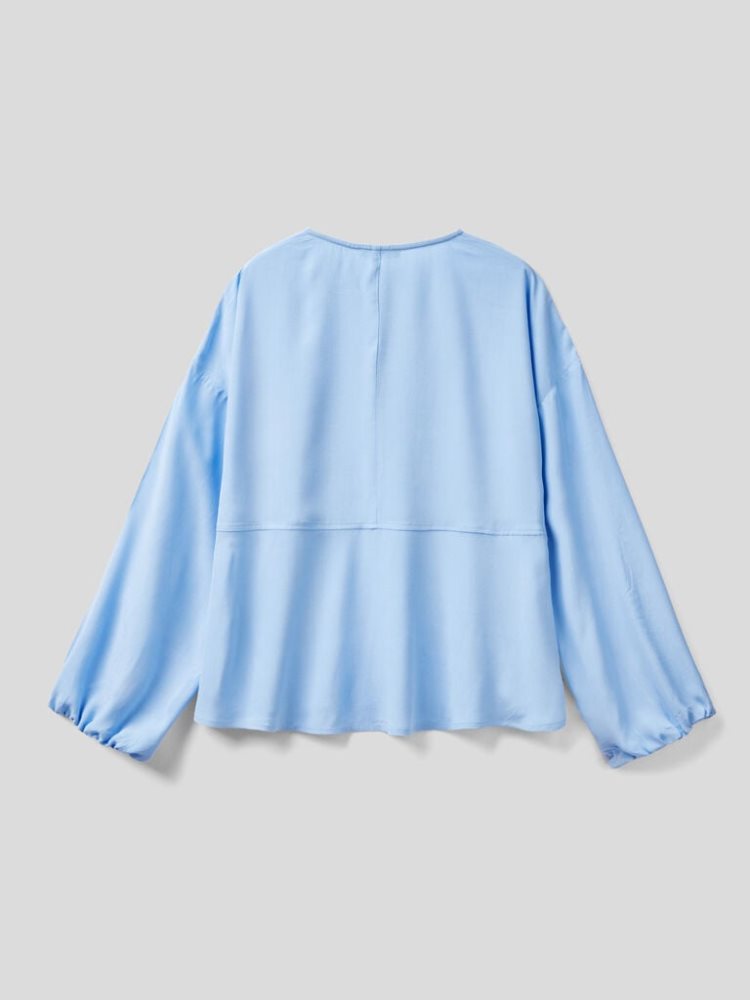 Light Blue Women's Benetton Flowy Frill Blouse | AU224929