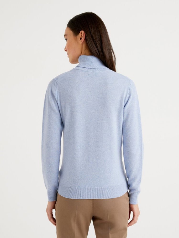 Light Blue Women's Benetton Pure Merino Wool Turtleneck High Neck Sweaters | AU439519