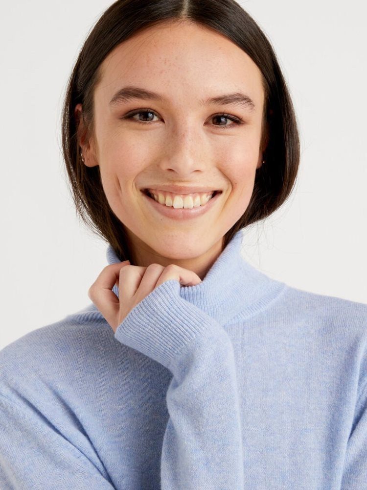 Light Blue Women's Benetton Pure Merino Wool Turtleneck High Neck Sweaters | AU439519