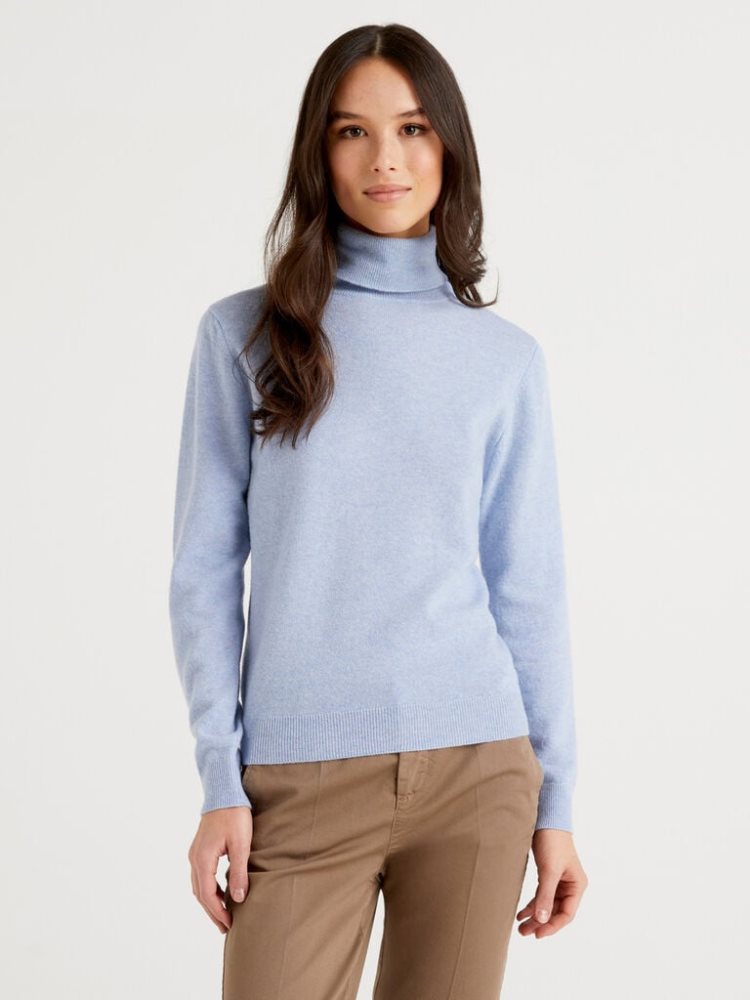 Light Blue Women\'s Benetton Pure Merino Wool Turtleneck High Neck Sweaters | AU439519