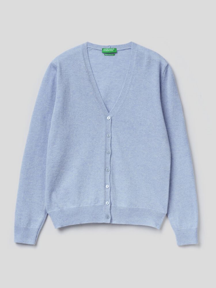 Light Blue Women's Benetton V-neck Pure Merino Wool Cardigan | AU459610