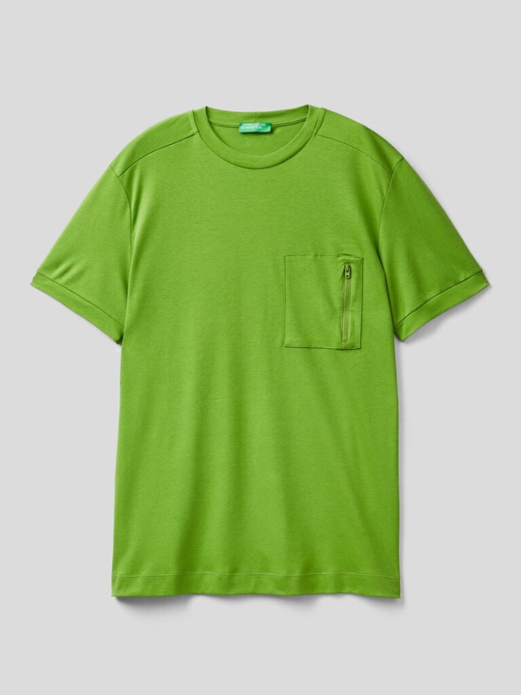 Light Green Men's Benetton Zipped Pocket Short Sleeve T-shirts | AU984459