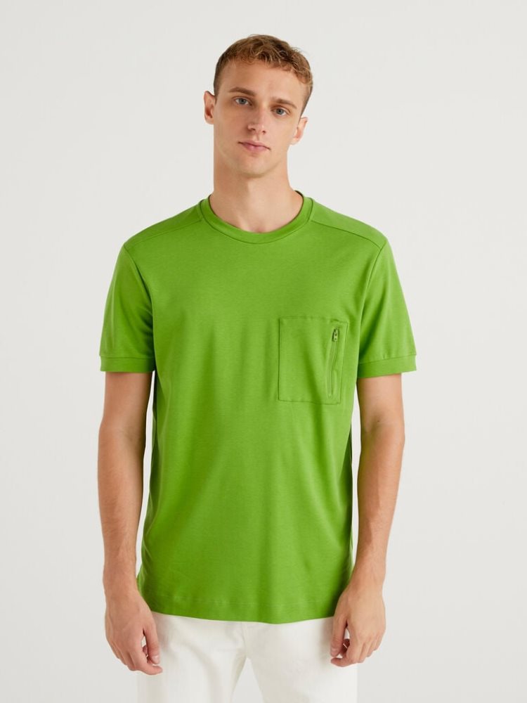 Light Green Men\'s Benetton Zipped Pocket Short Sleeve T-shirts | AU984459