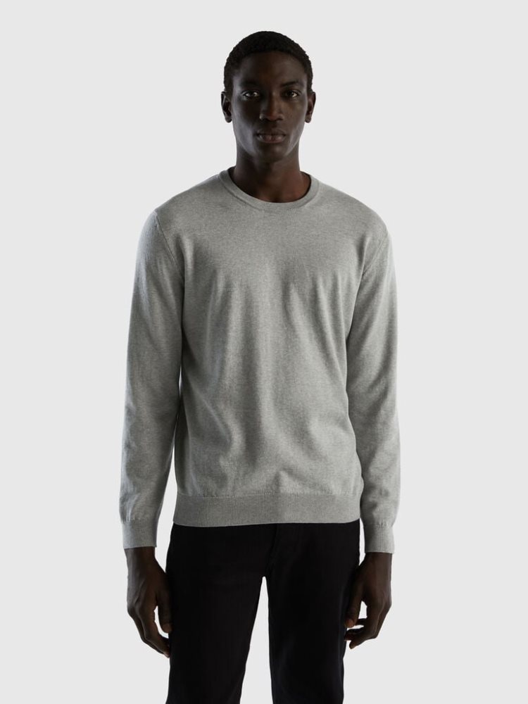 Light Grey Men\'s Benetton Crew Neck 100% Cotton Sweaters | AU244677