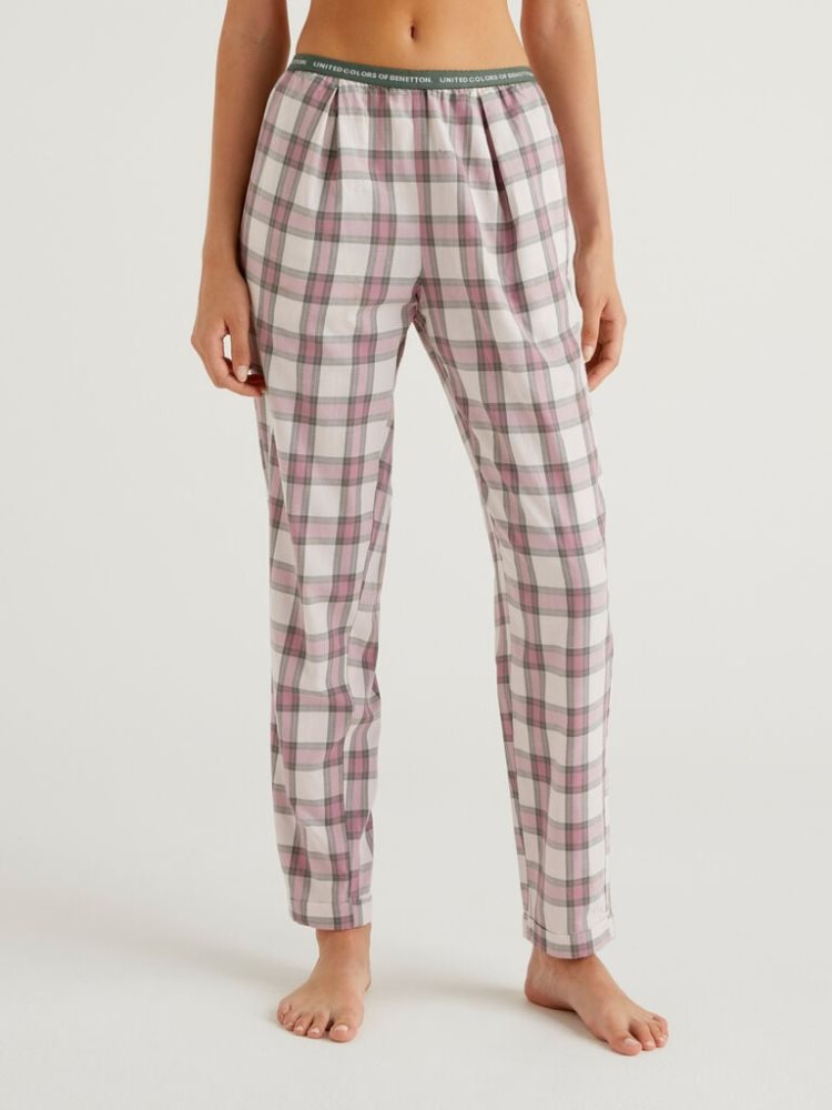 Light Grey Women\'s Benetton Check Flannel Trousers | AU915804