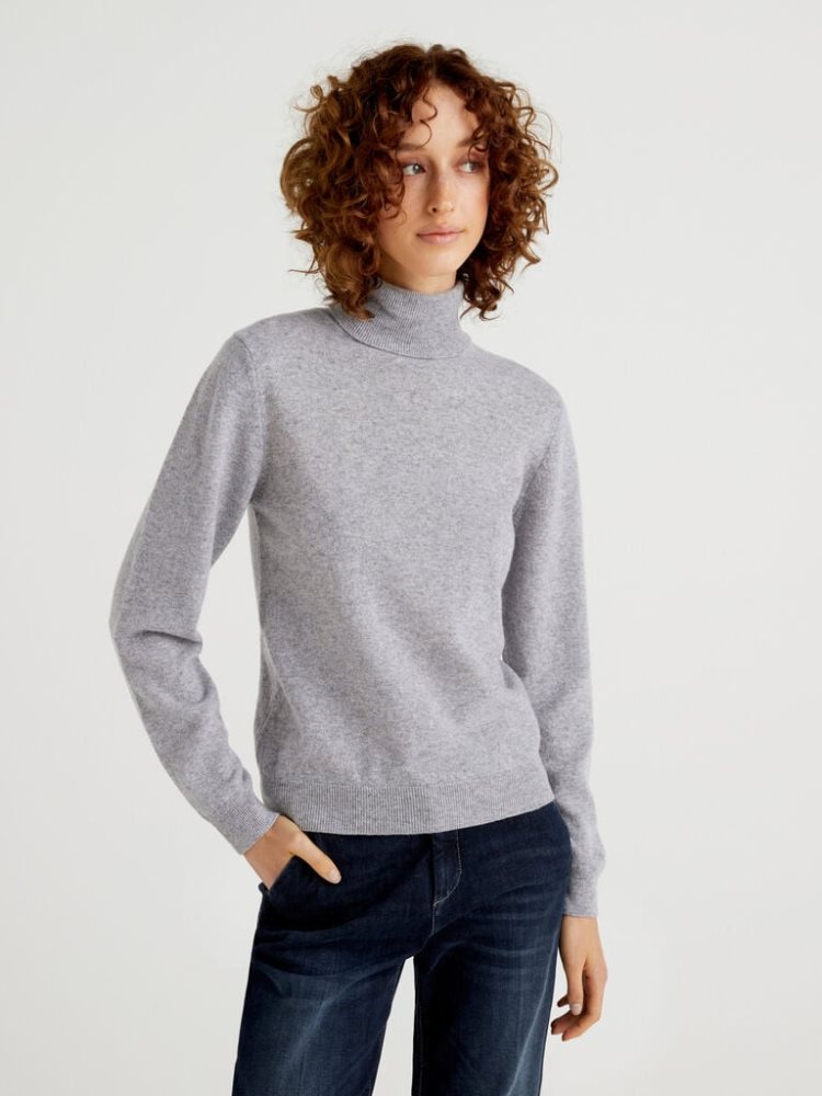 Light Grey Women\'s Benetton Pure Merino Wool Turtleneck High Neck Sweaters | AU592069