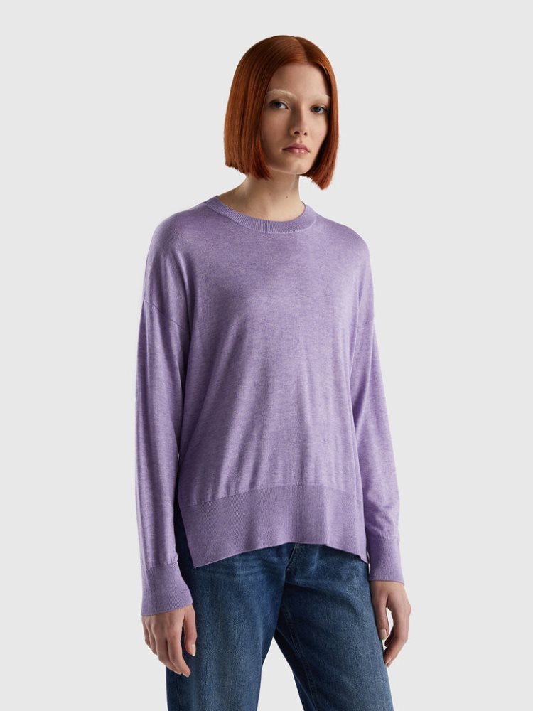 Lilac Women\'s Benetton Viscose Blend Slits Crew Neck Sweaters | AU798132