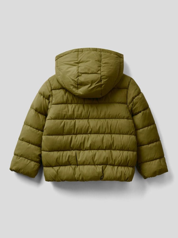 Military Green Kids' Benetton Puffer Hood And Logo Padded Jackets | AU169434