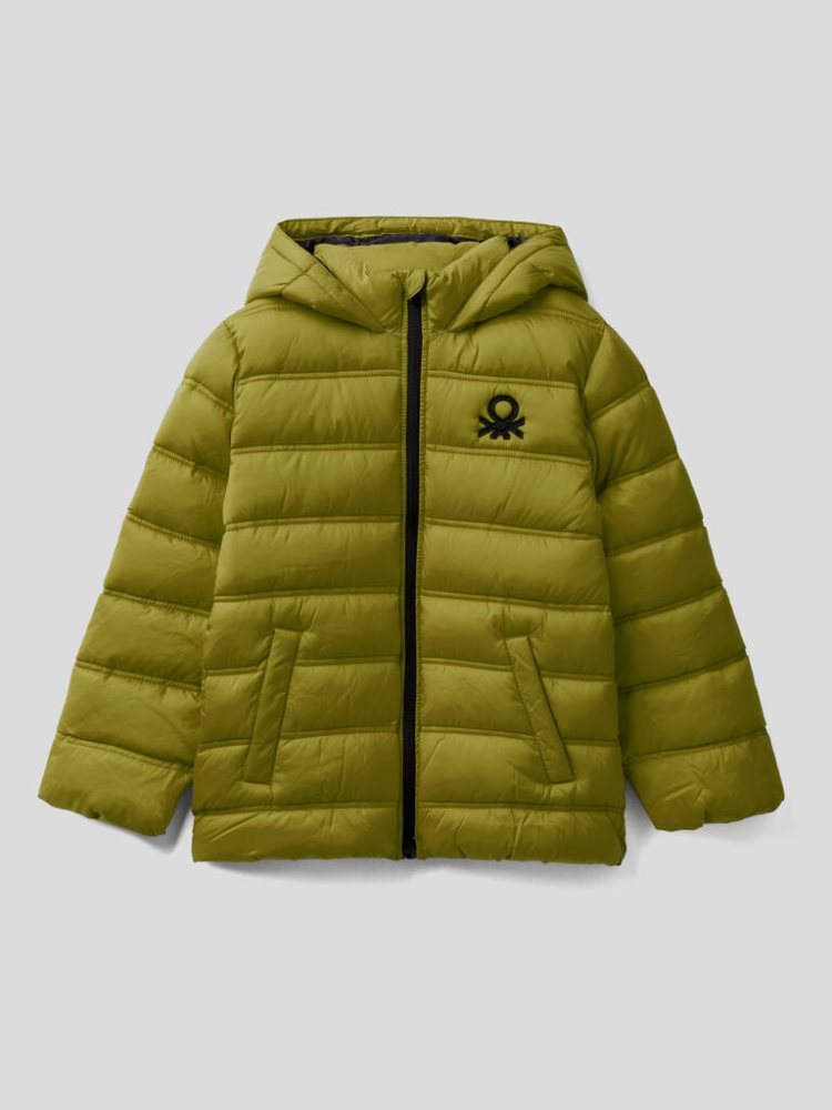 Military Green Kids\' Benetton Puffer Hood And Logo Padded Jackets | AU814079