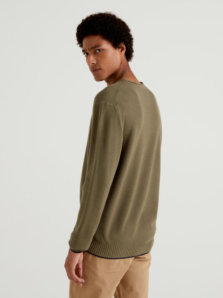 Military Green Men's Benetton Crew Neck Cotton Blend Sweaters | AU582850