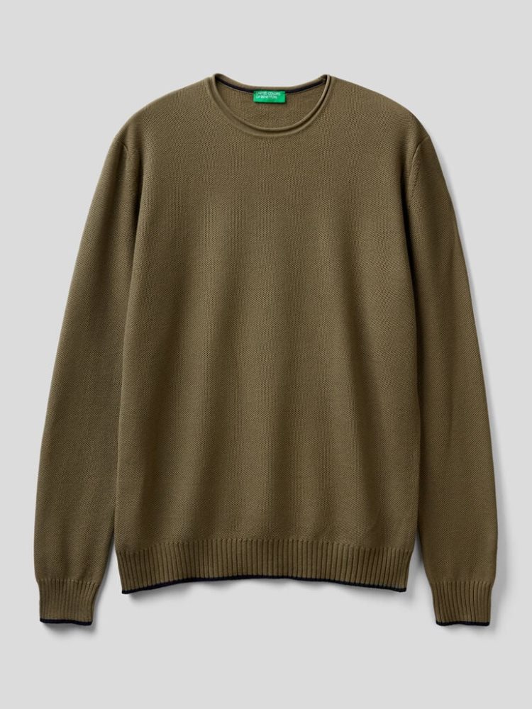 Military Green Men's Benetton Crew Neck Cotton Blend Sweaters | AU582850