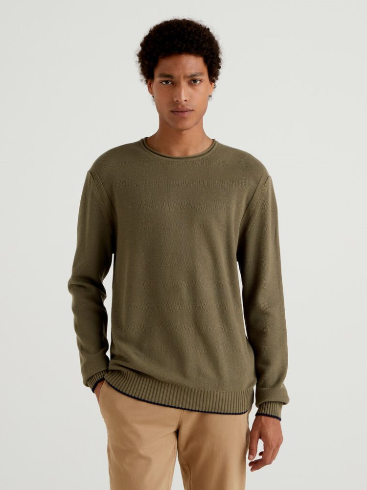 Military Green Men\'s Benetton Crew Neck Cotton Blend Sweaters | AU582850