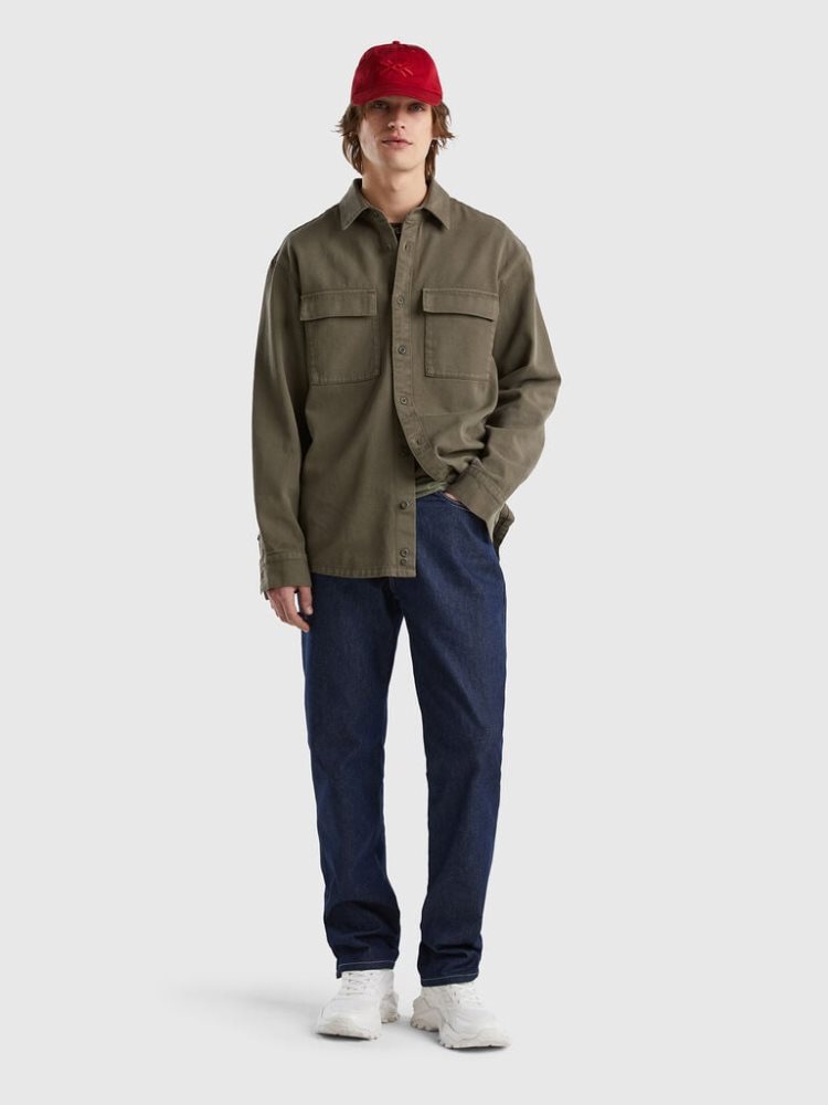 Military Green Men's Benetton Oversized Pockets Shirts | AU088273