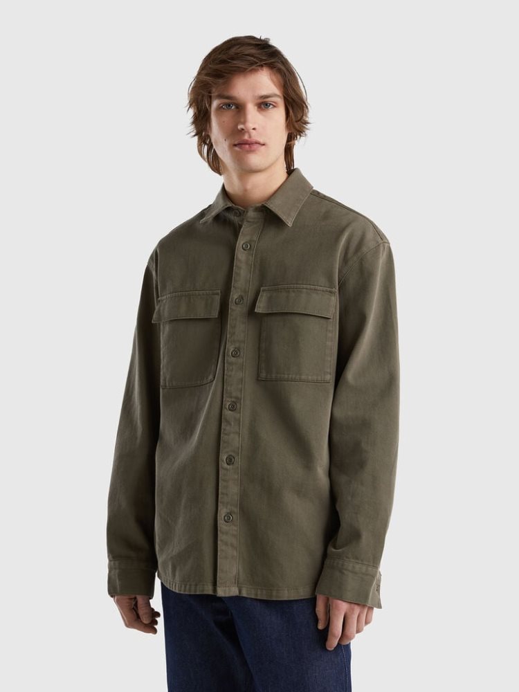 Military Green Men\'s Benetton Oversized Pockets Shirts | AU088273