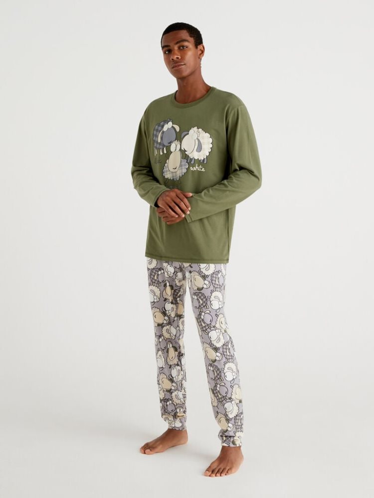 Military Green Men\'s Benetton Warm Sheep Print Pyjamas | AU674273