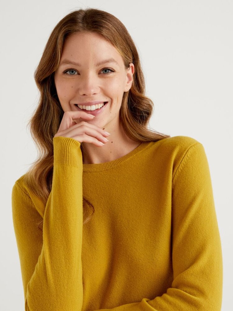 Mustard Women's Benetton Crew Neck Merino Wool Sweaters | AU715350