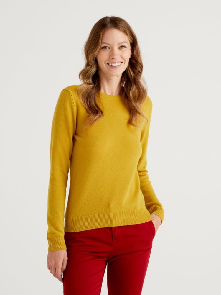 Mustard Women\'s Benetton Crew Neck Merino Wool Sweaters | AU715350