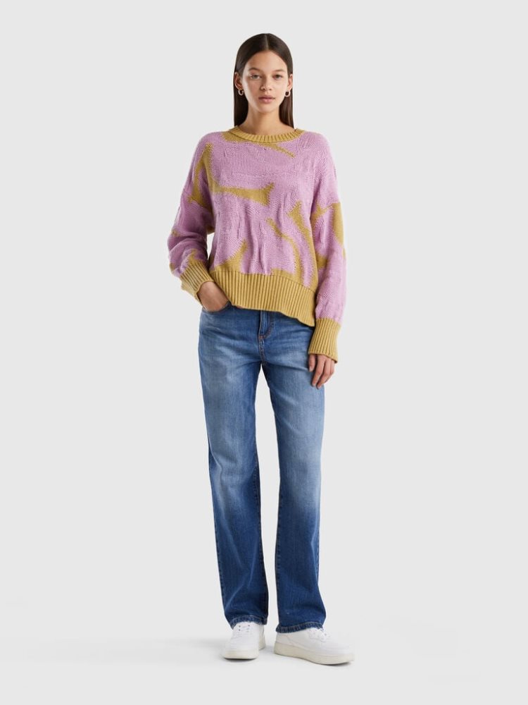 Mustard Women's Benetton Floral Inlay Crew Neck Sweaters | AU764055