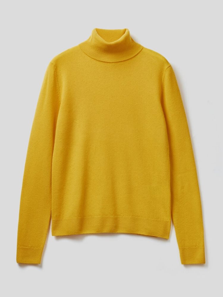 Mustard Women's Benetton Pure Merino Wool Turtleneck High Neck Sweaters | AU207098