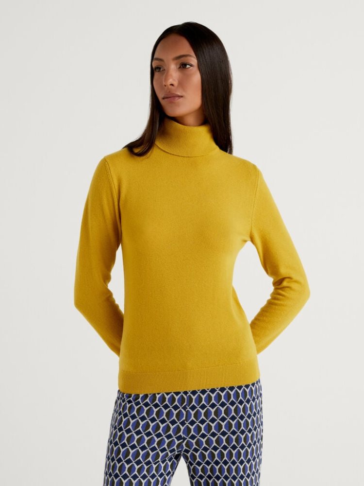 Mustard Women\'s Benetton Pure Merino Wool Turtleneck High Neck Sweaters | AU207098