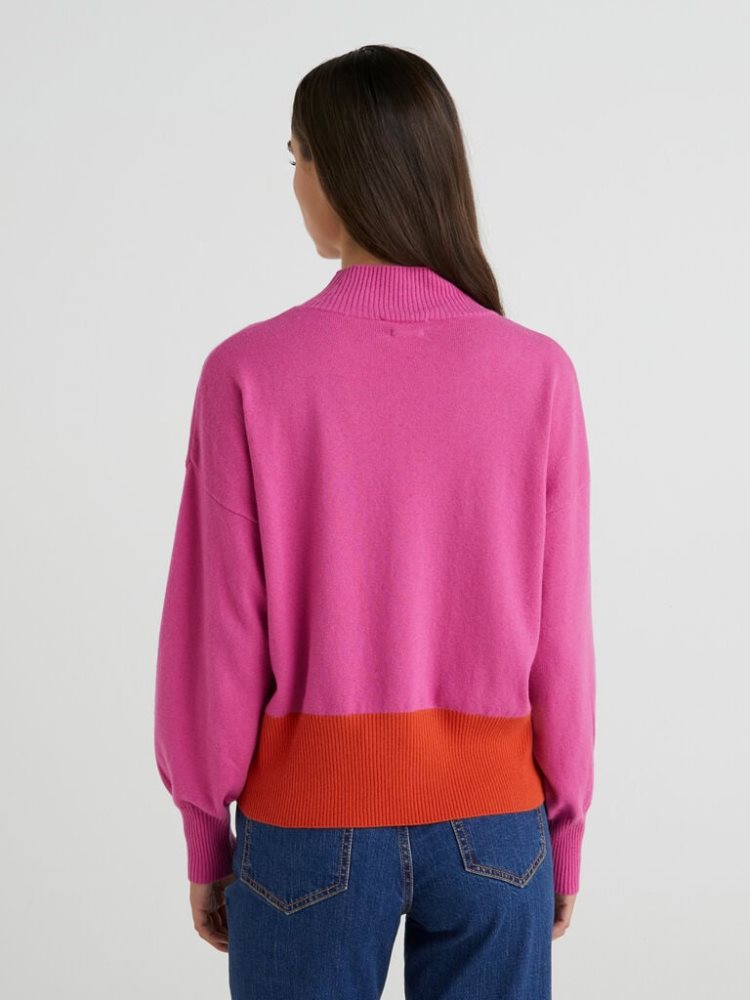 Neon Pink Women's Benetton Cashmere Blend Turtleneck High Neck Sweaters | AU394443