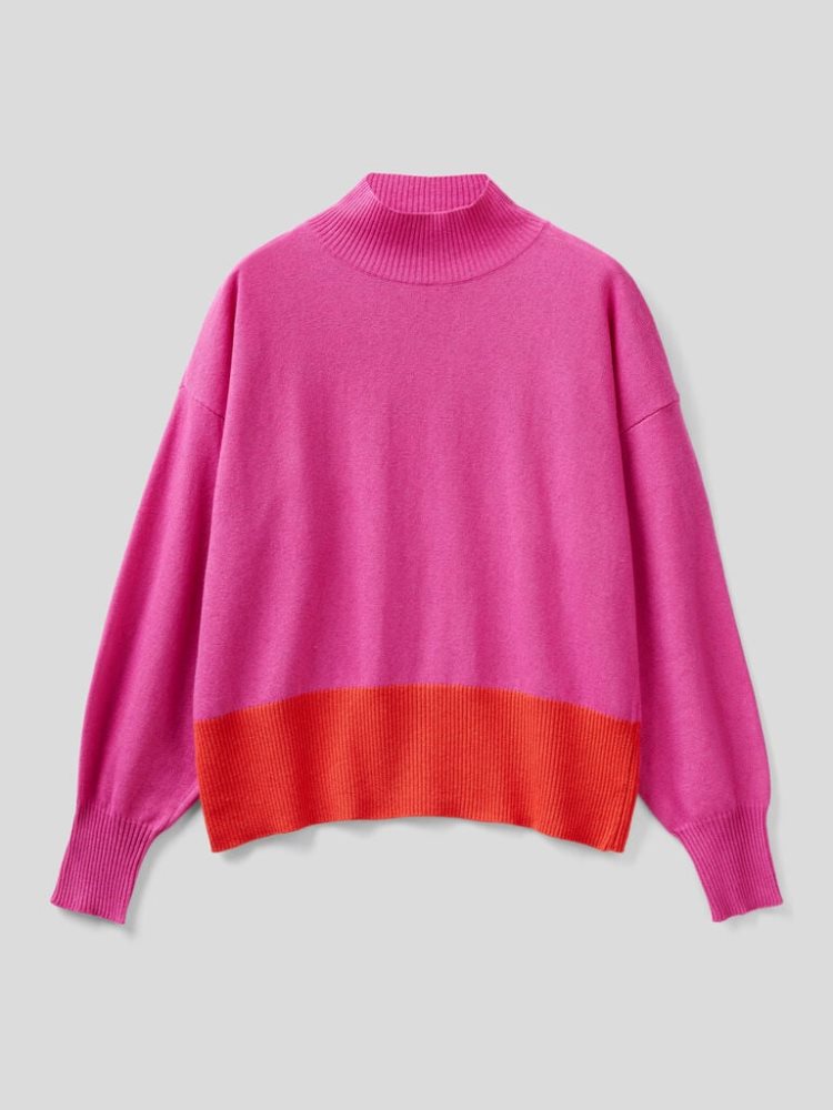 Neon Pink Women's Benetton Cashmere Blend Turtleneck High Neck Sweaters | AU394443