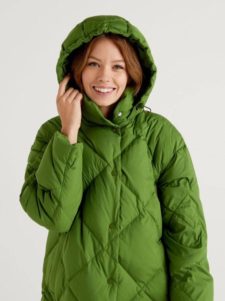 Olive Green Women's Benetton Long Puffer Recycled Feathers Jackets | AU820557