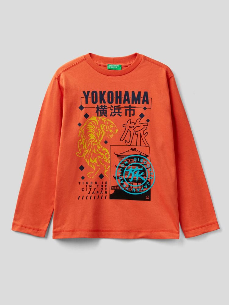 Orange Kids\' Benetton Japanese Motifs Long Sleeve T-shirts | AU633391