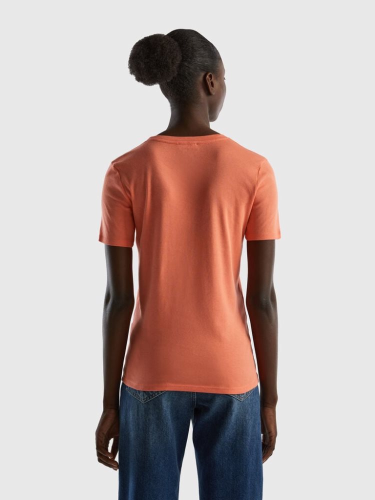 Orange Women's Benetton Pure Cotton V-neck Short Sleeve T-shirts | AU975391