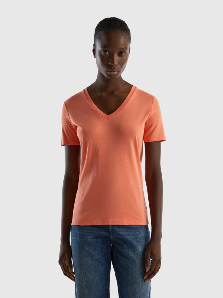 Orange Women\'s Benetton Pure Cotton V-neck Short Sleeve T-shirts | AU975391