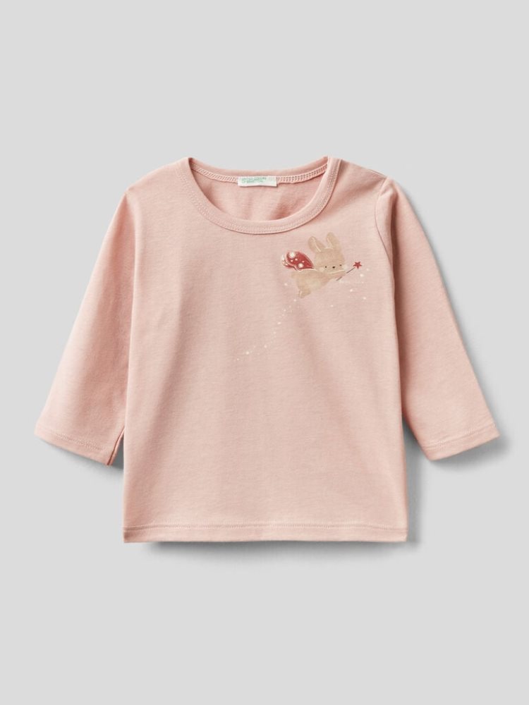 Pastel Pink Kids\' Benetton Crew Neck Warm Organic Cotton T Shirts | AU774034