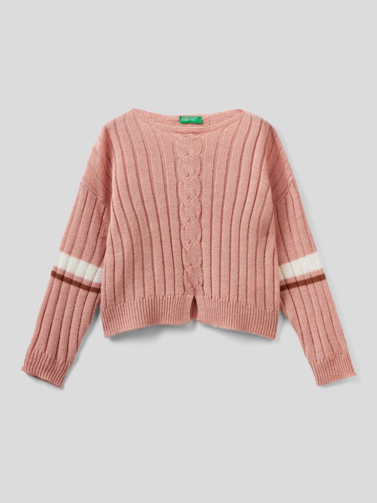 Pastel Pink Kids\' Benetton Ribbed Wool Blend Sweaters | AU008389