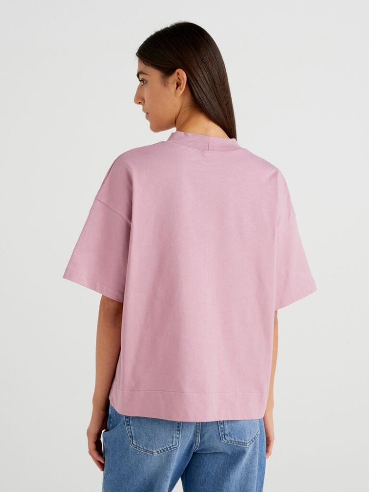 Pastel Pink Women's Benetton Standing Neck Short Sleeve T-shirts | AU025606