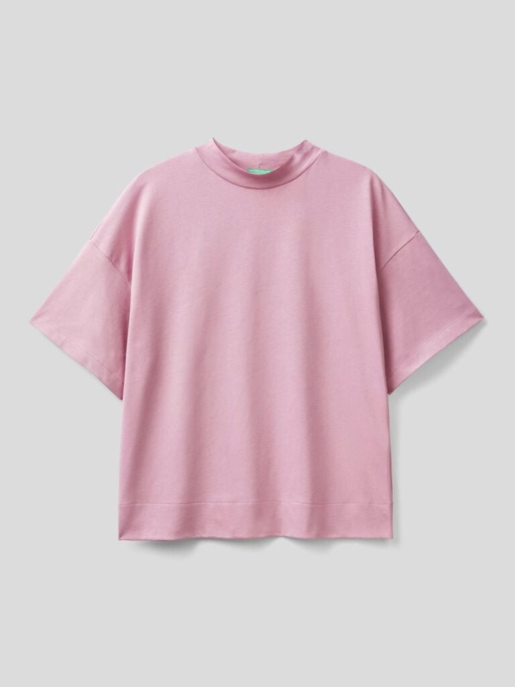 Pastel Pink Women's Benetton Standing Neck Short Sleeve T-shirts | AU025606