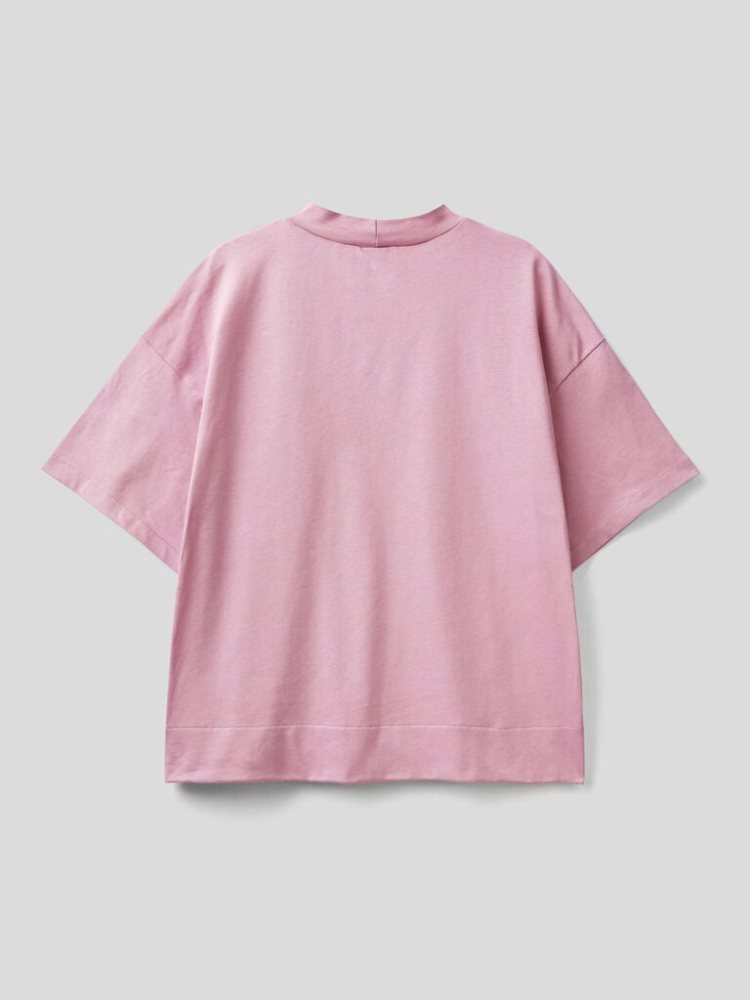 Pastel Pink Women's Benetton Standing Neck Short Sleeve T-shirts | AU025606