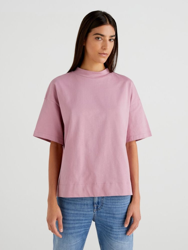 Pastel Pink Women\'s Benetton Standing Neck Short Sleeve T-shirts | AU025606