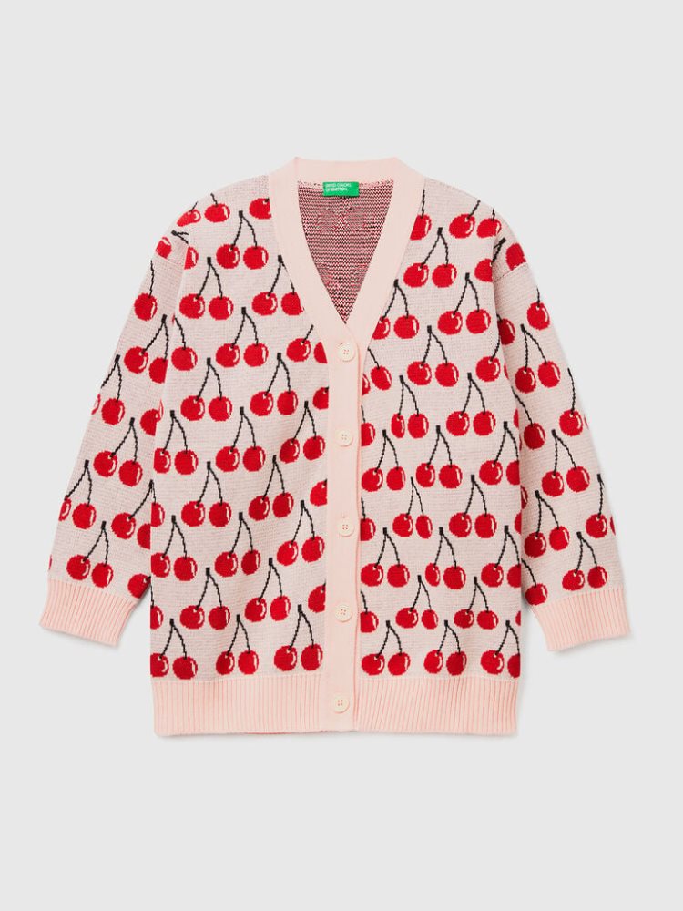 Pink Kids\' Benetton Cherry Pattern Cardigan | AU032877