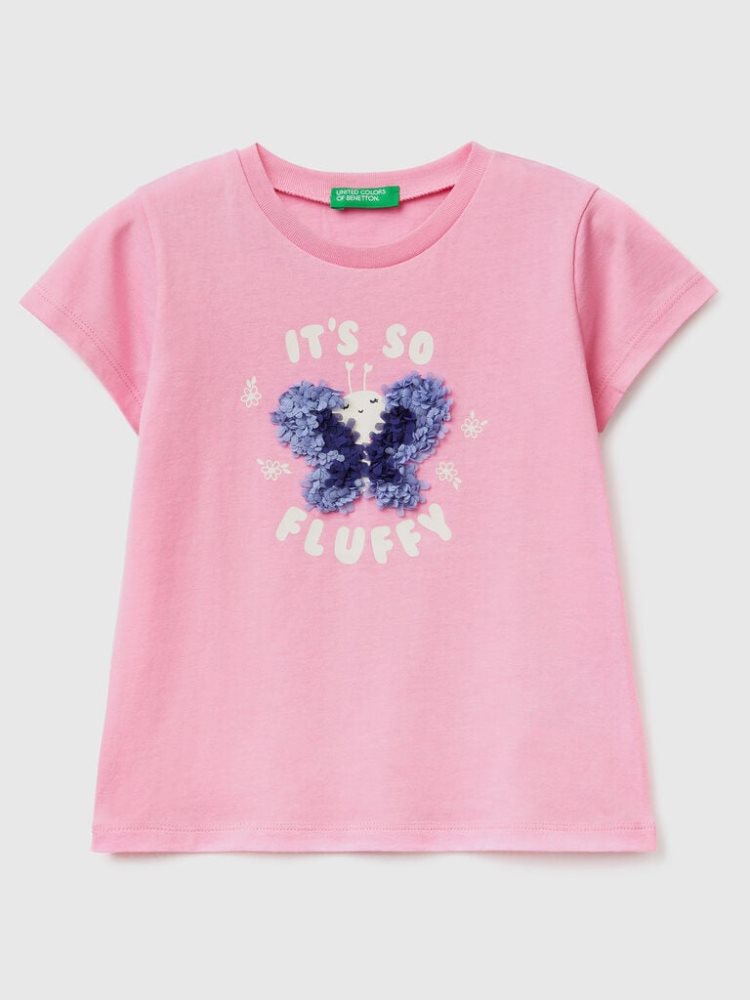 Pink Kids\' Benetton Petal Look Applique Short Sleeve T-shirts | AU247304