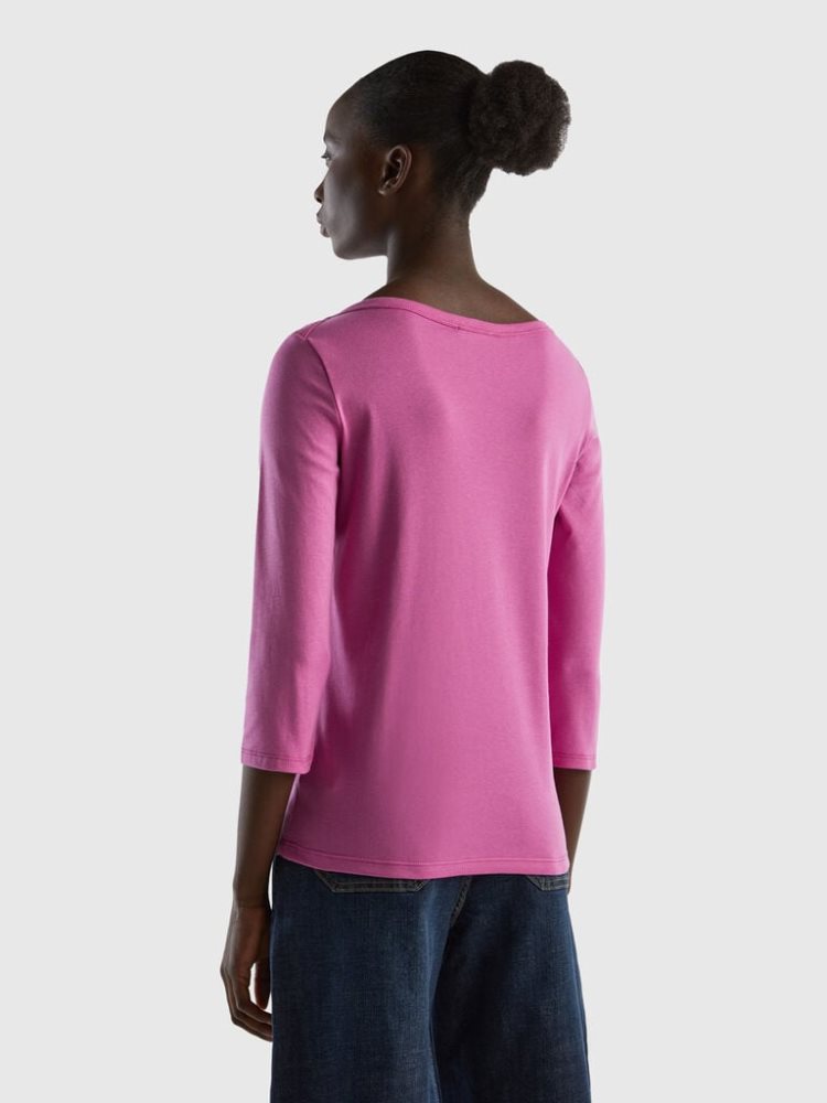 Pink Women's Benetton 100% Cotton Boat Neck Long Sleeve T-shirts | AU916213